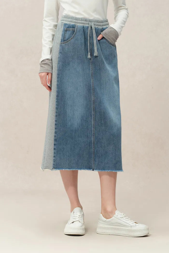 Elvin Patchwork Midi Skirt in Cotton Denim