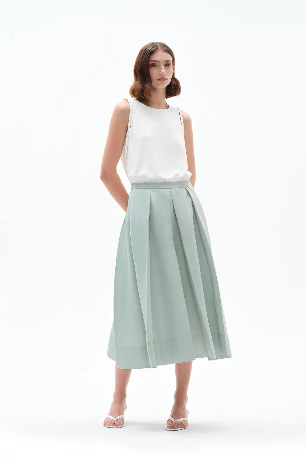 Cici A Line Pleated Flare Skirt in Crystal Flow Satin