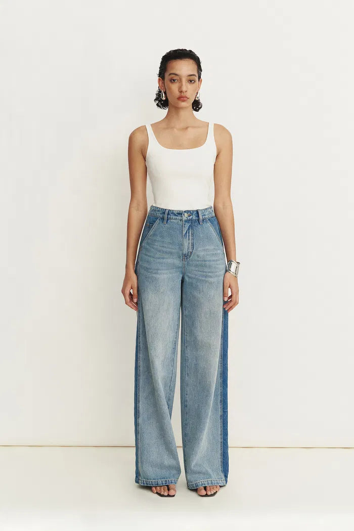 Clarisse Two Tone Mixed Fabric Jeans in Cotton Denim