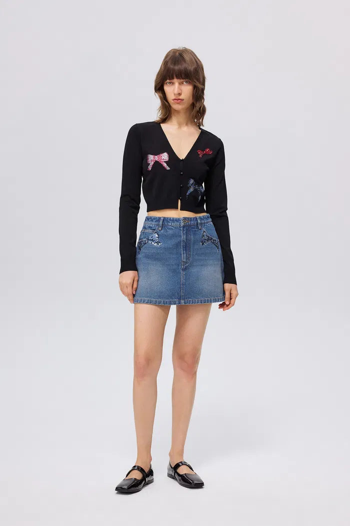 Sisie Rhinestone Ribbon Skort in Cotton Denim