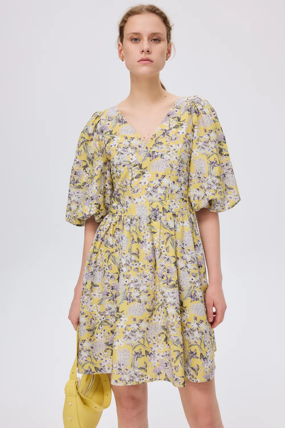 Hyacinth Flora Print Puff Sleeve Dress in Mulberry Silk Blend