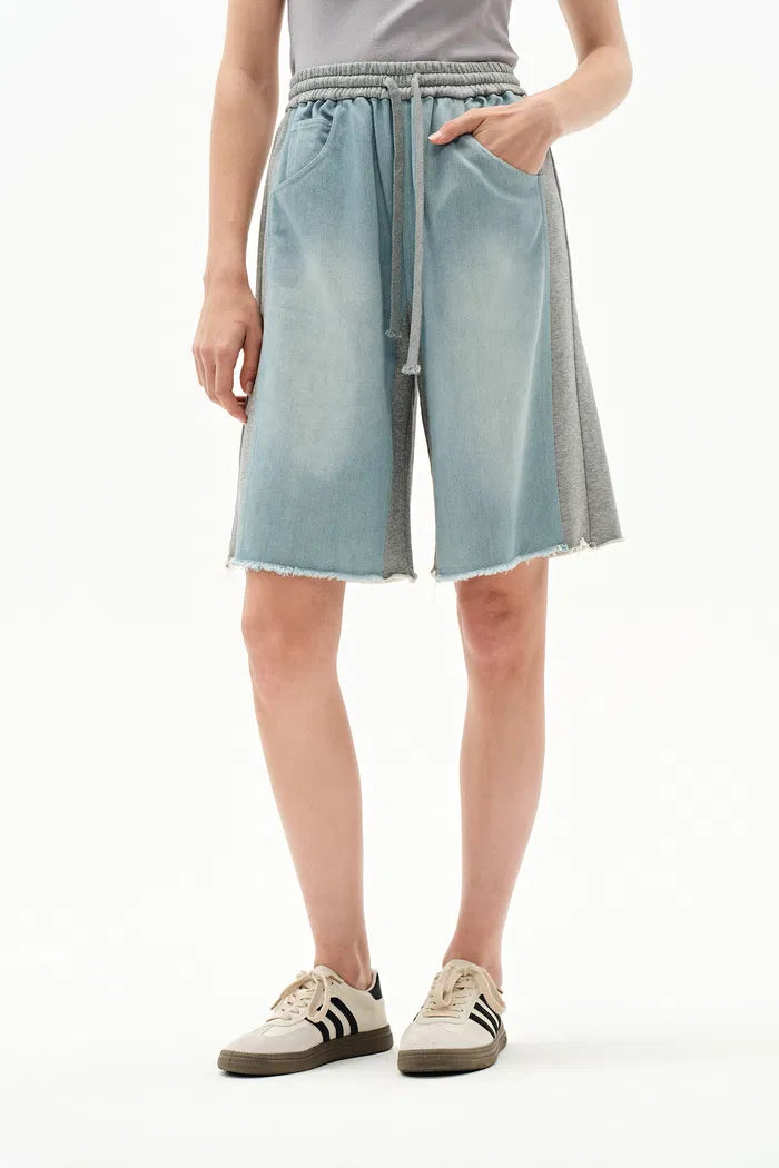 Homie Mixed Fabric Denim Shorts in Cotton-Acetate Denim