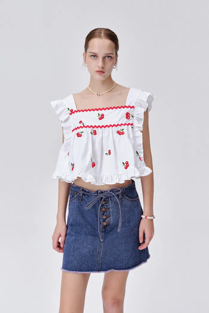 Elena Ruffled Hem Cherry Embroidery Sleeveless Top in Cotton