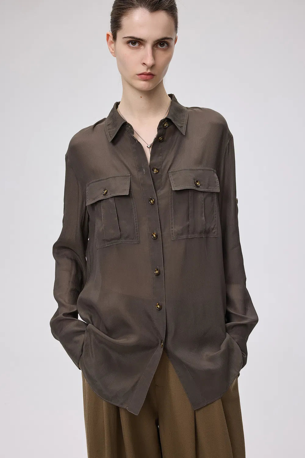 Jacinda Utility Shirt in Silk Crepe de Chine