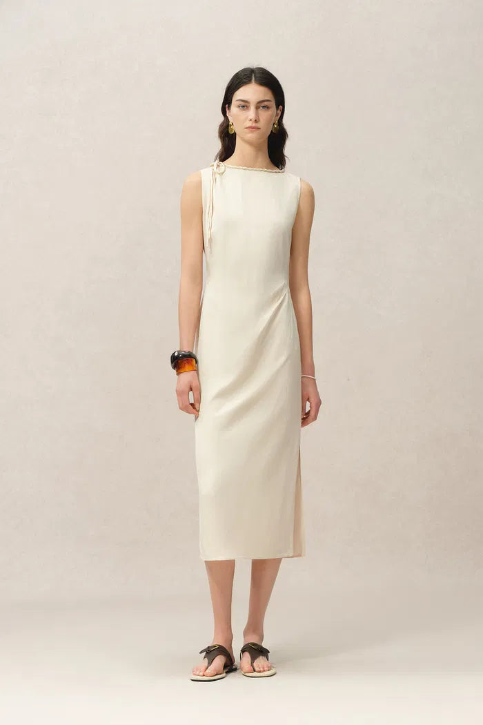 Devon Hand Woven Neckline Sleeveless Dress in Linen