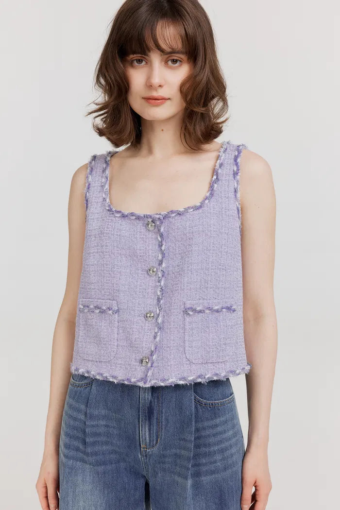 Hailey Contrast Trim Vest in Herringbone Tweed