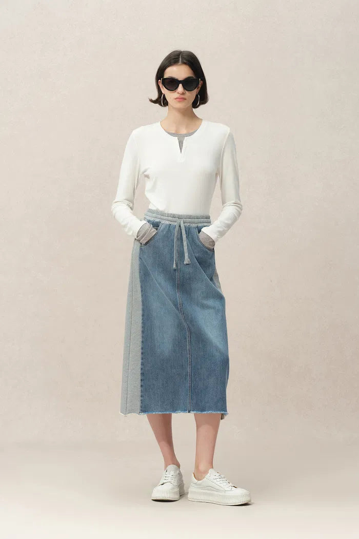 Elvin Patchwork Midi Skirt in Cotton Denim