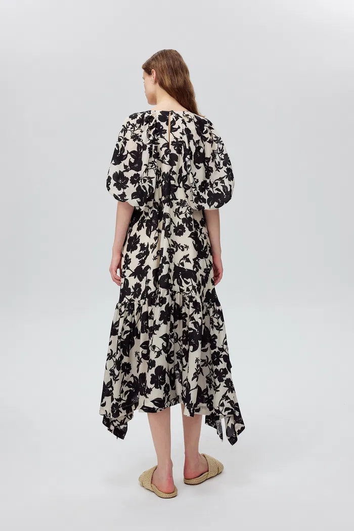 Milla Asymmetric Hem Flora Printed Dress in Tencel Linen Blend