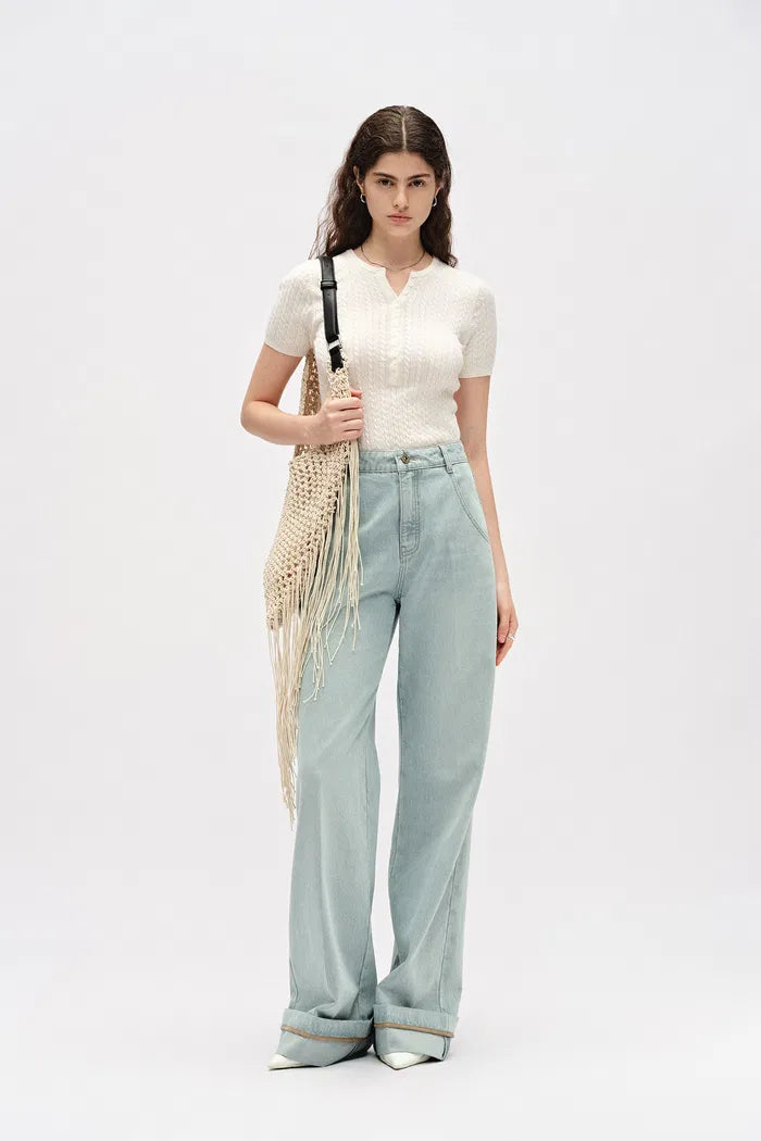 Nîmes Embroidered Wide Leg Jeans in Cotton Denim