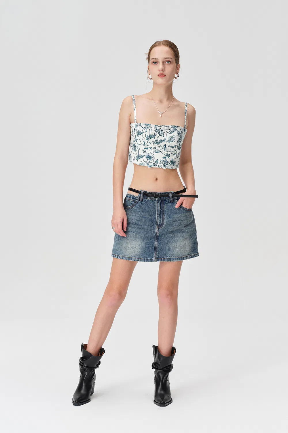 Peekaboo Waist Cutouts Skorts in Cotton Denim