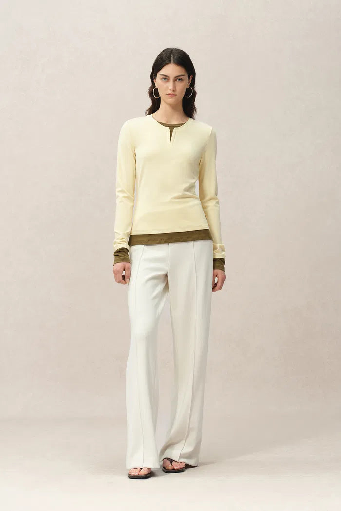 Maya Yellow and Brown Layered Look Long Sleeve Top in Tencel-Merino Tech