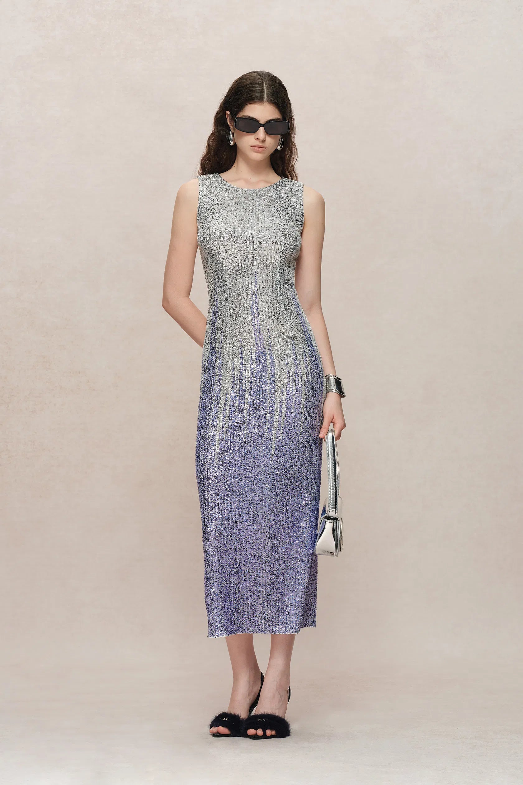 Tulip Silver Ombré Midi Dress in Stretch Sequin Mesh