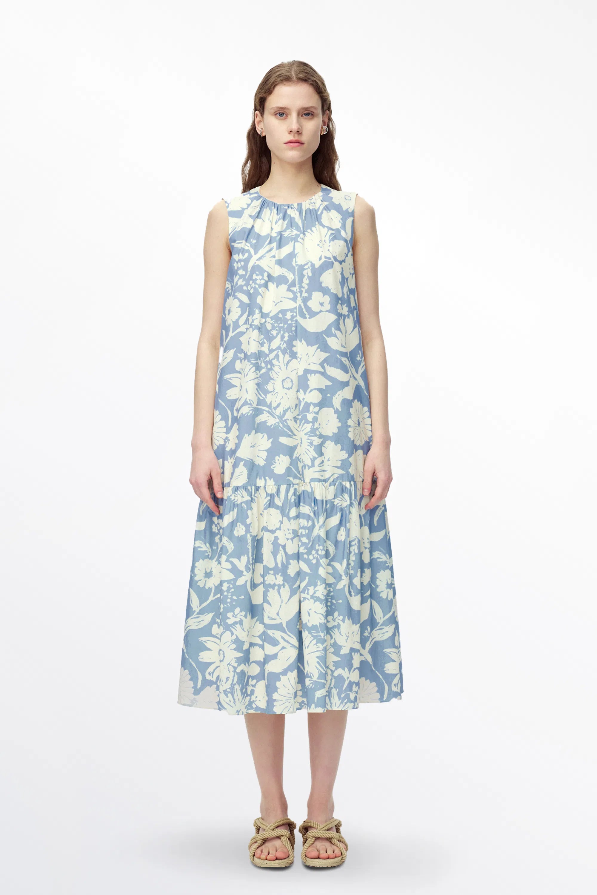 Sky Flora Print Sleeveless Dress in Cotton Poplin